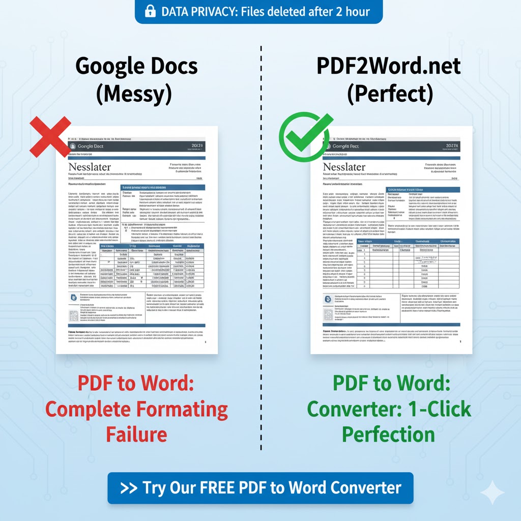 PDF to Word formatting messed up in Google Docs vs. a perfect PDF to word convert result from PDF2Word.net.